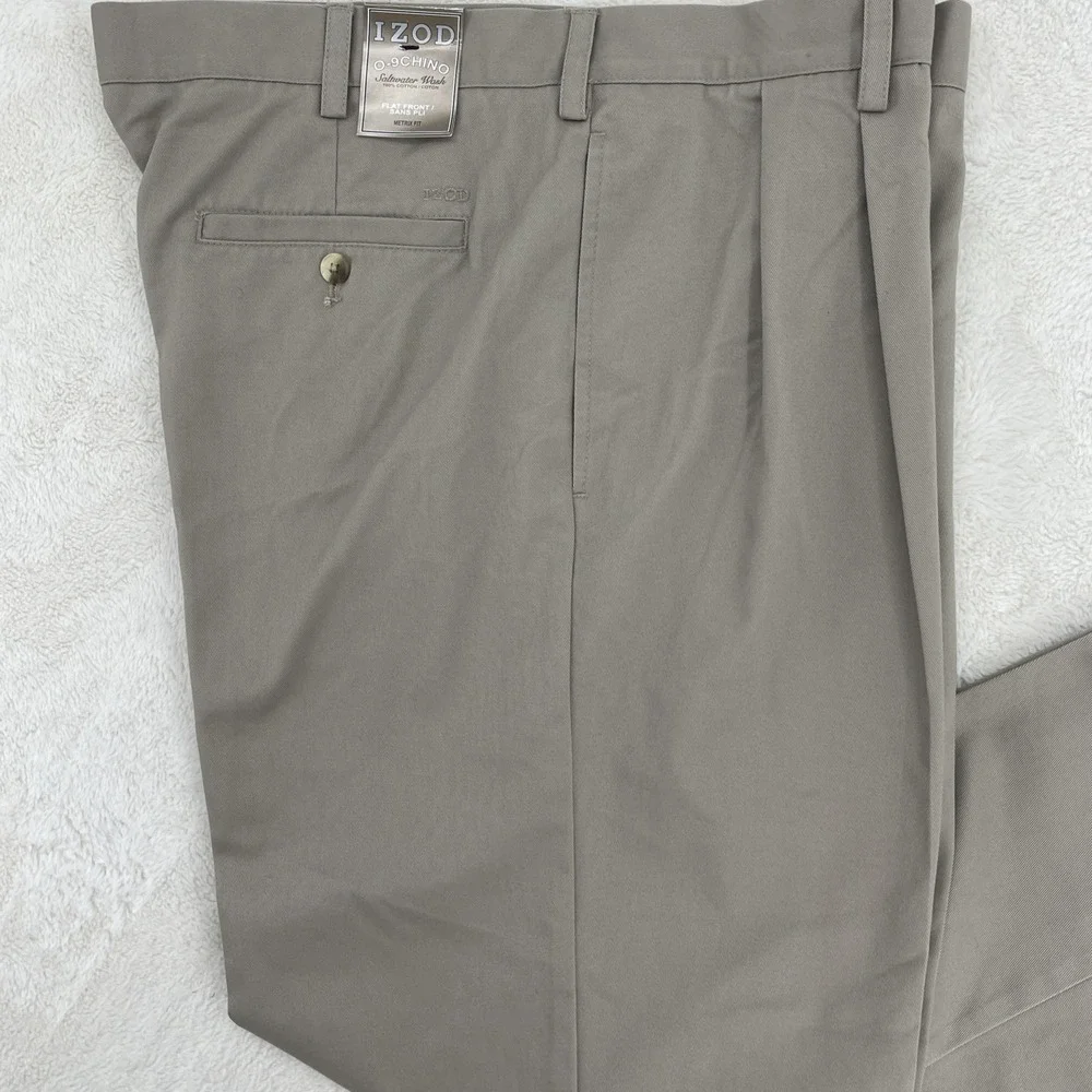 IZOD Slacks Saltwater Double Pleat Cuffed Cotton Chino Pants 38x30 Beige Khakis